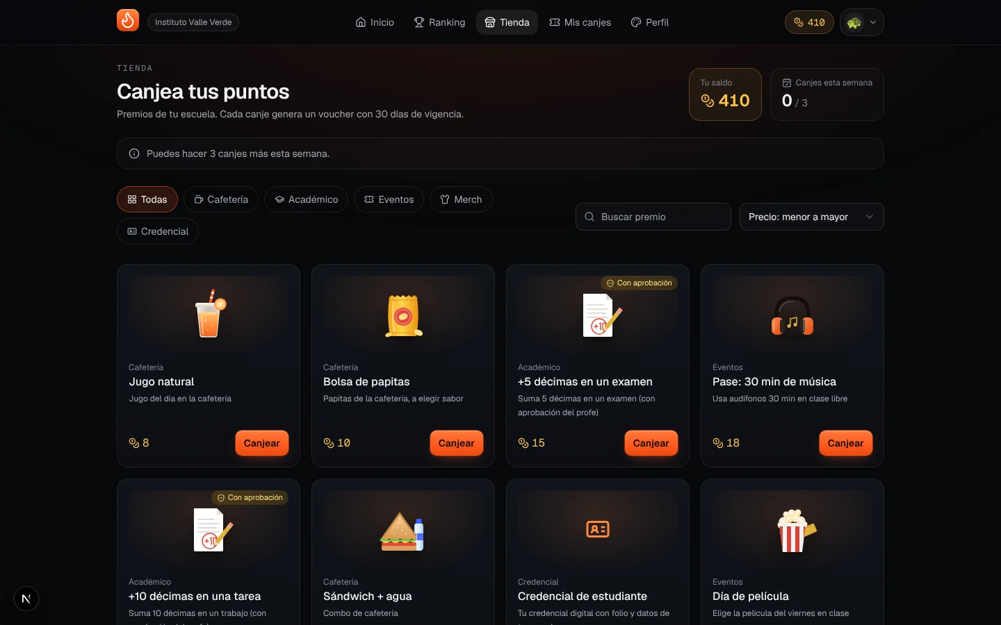 Tienda de la escuela: premios con precio en puntos, filtros por categoría y botón de canjear.